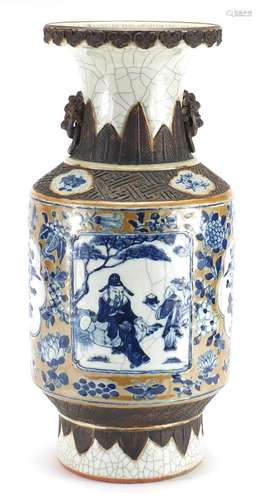 Chinese crackle glazed porcelain vase with animalia ring turned handles, hand painted with figures