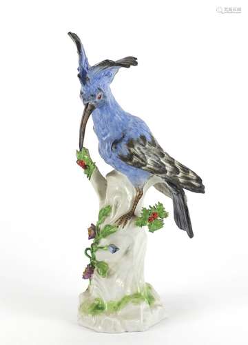 19th century continental porcelain Jay bird perched on a branch, factory marks to the reverse, 29.