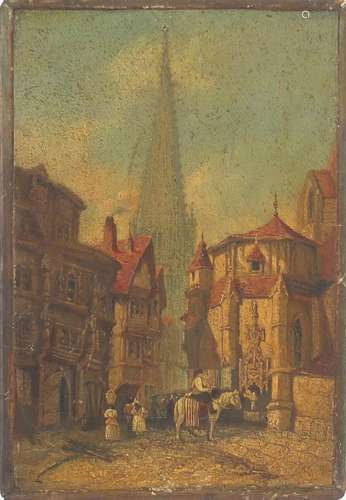 Attributed to Richard Parks Bonnington - Paris street scene, oil on wood panel, wax seal, part paper