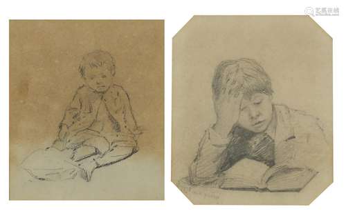 Charles Rowbotham - Young boy reading a book and one other, two 19th century pencil drawings,