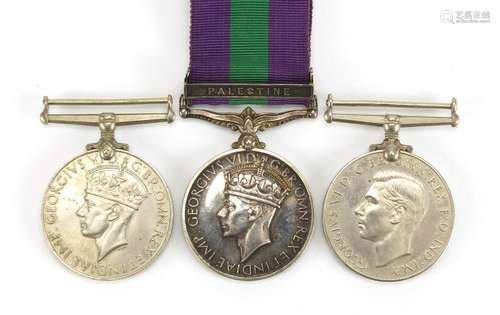 British Military World War II general service medal with Palestine bar and two others, the general