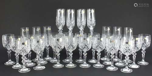 Bohemian Flamenco pattern crystal comprising set of twenty glasses and set of fourteen flutes, the