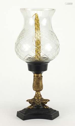 Ornate ormolu style candle holder with cut glass shade, 41.5cm high : For Further Condition