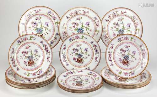 Royal Crown Derby teaware including soup bowls and dinner plates, each enamelled with flowers,