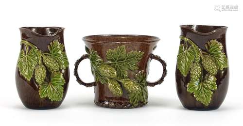 Rye Hop Ware including a pair of vases and twin handled cup, the largest 10cm high : For Further