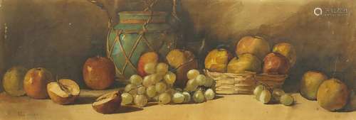 Arthur Dudley - Still life fruit and a vessel, watercolour on card, framed, 78cm x 27cm : For