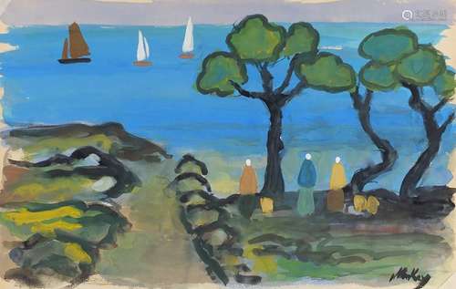 Figures before water, Irish school gouache on paper, bearing a signature Markey, mounted unframed,