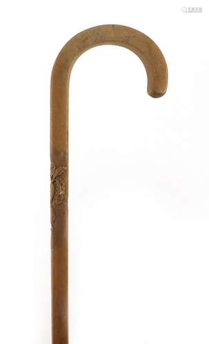 Japanese hardwood walking stick carved with three mice, incised with character marks, 85.5cm in