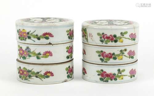 Pair of Chinese porcelain stacking containers, each hand painted with children and flowers, each