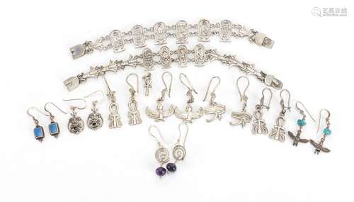 Silver and white metal jewellery including Egyptian style bracelets and earrings, approximate weight