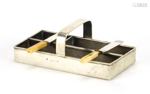 Victorian miniature silver cutlery tray the butter knife rests with ivory handles, indistinct