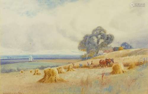 Adelaide Haslegrave - Ploughing scene with windmill, 19th century watercolour, inscribed label