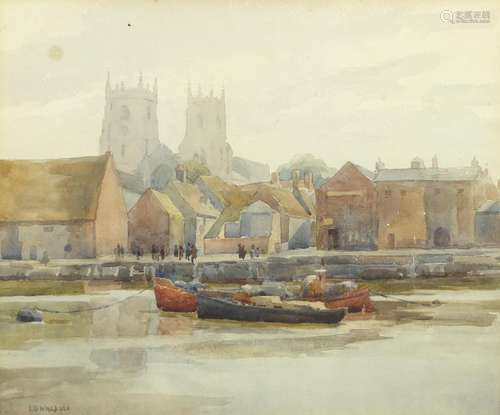 Moored boats before a town, watercolour, bearing a signature L G Walpole, mounted and framed, 36.5cm