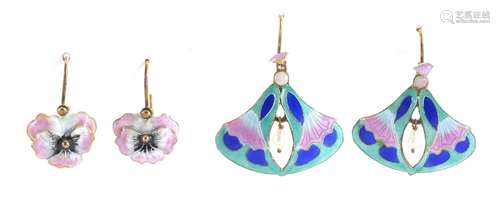 Two pairs of enamelled gilt metal earrings, the largest 3cm in length : For Further Condition