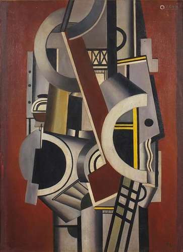 Abstract composition, geometric shapes, oil on board, bearing a monogram FL and inscriptions