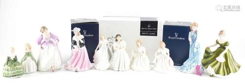 Eight Royal Doulton figurines and two others including Paige HN4767, the largest 22cm high : For