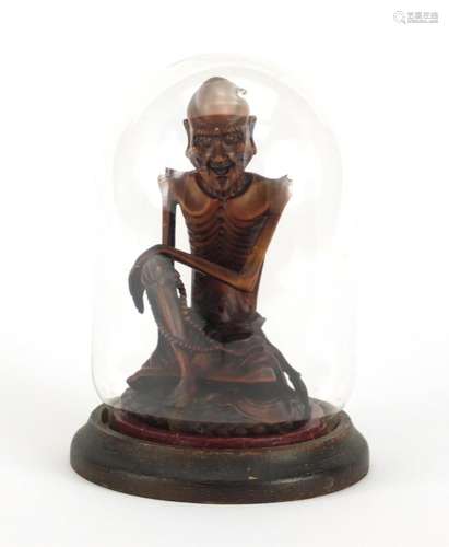 Good Japanese wood carving of an elder, housed under a glass dome on ebonised stand, 15cm high : For