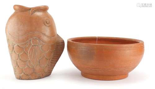 Roman style terracotta fish vase and bowl, the largest 32cm high : For Further Condition Reports and