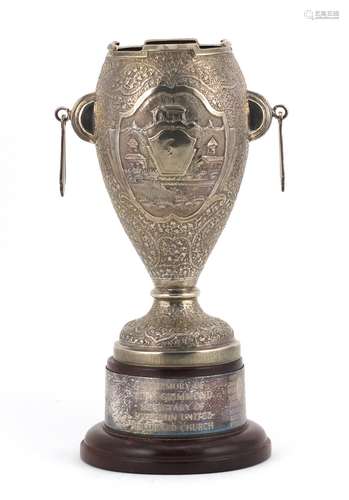 Indian silver twin handled trophy, engraved Eastbourne in Bloom, place of worship in memory of