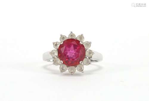 9ct white gold pink and clear stone flower head ring, size N, approximate weight 4.8g : For