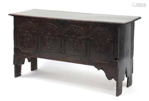 Oak plank chest with Arcadian and Fleur de Lis carved panel front, 65cm H x 121cm W x 43cm D : For