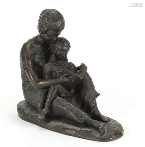 Patinated bronzed study of a mother and daughter, indistinctly signed and with Morris Singer of