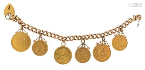 Six gold coins on a 9ct gold bracelet, comprising 1785 Guinea, 1907 and 1913 sovereigns and 1892,