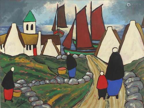 Figures and buildings before water, Irish school gouache, bearing a signature Markey, mounted and