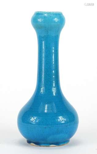 Chinese blue glazed garlic neck stoneware vase, 25.5cm high : For Further Condition Reports Please