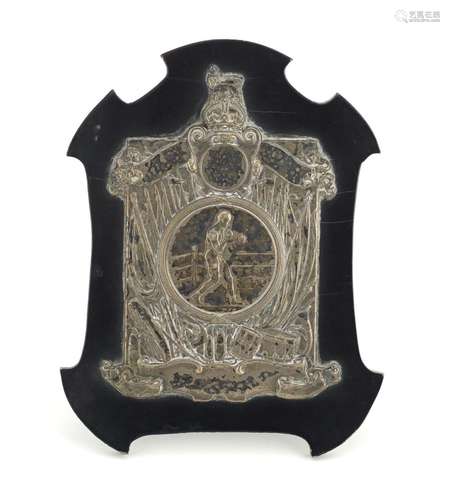 Unmarked silver boxing trophy, mounted on an ebonised easel stand, 14cm high : For Further Condition