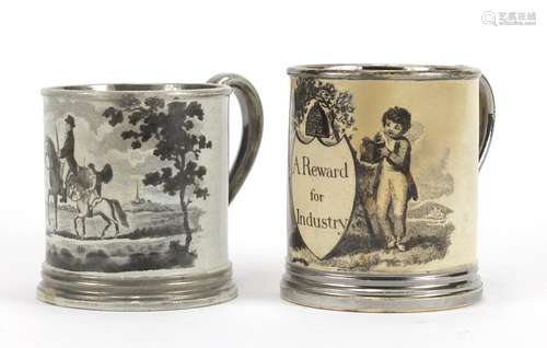 Two early 19th century Staffordshire pottery children's mugs including one printed with Enoch Wood