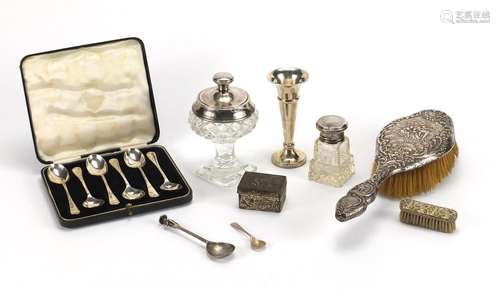 Silver and white metal items including set of six silver teaspoons, a clothes brush embossed with