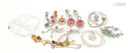 Silver semi precious stone jewellery including pendants on chains and earrings, approximate weight