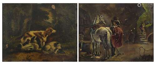 Three hounds and figure with horses, 19th century double sided oil on card, framed, 18cm x 14cm :