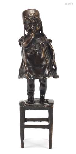 Patinated bronze figure of a young girl standing on a stool, 30cm high : For Further Condition