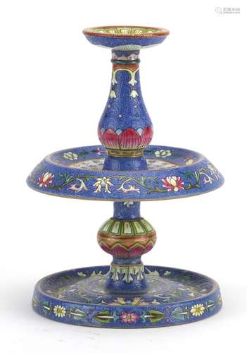 Good Chinese blue ground porcelain candlestick, finely hand painted in the famille rose palette with