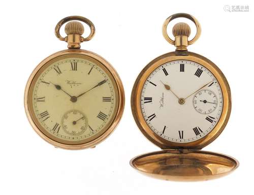 Gentleman's gold plated Waltham full hunter and open face pocket watches, both with subsidiary