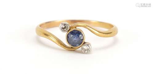 Unmarked gold sapphire and diamond crossover ring, size O, approximate weight 2.0g : For Further