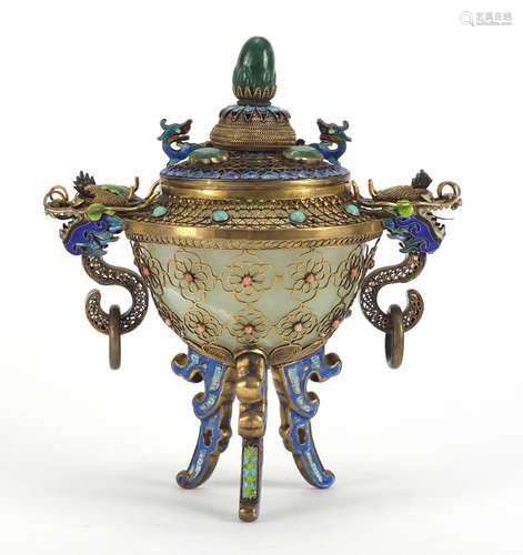 Chinese silver gilt, enamel and jade tripod incense burner, with twin dragon handles, impressed