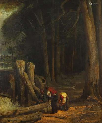 Three woodchoppers outside of a forest, 19th century oil on canvas, framed, 74.5cm x 62cm : For