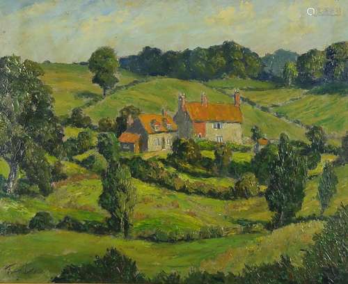 Impressionist landscape with cottages, oil on board, bearing an indistinct signature, framed, 48cm x