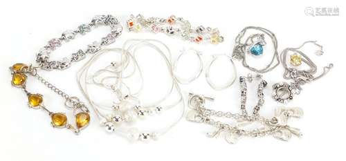 Silver and white metal jewellery including necklaces, pendants, bracelets and earrings,