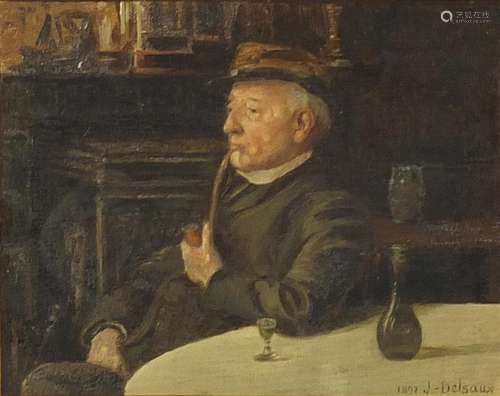 Jeremie Delsaux - Man smoking a pipe in an interior, 19th century oil on wood panel, 21.5cm x 17.5cm