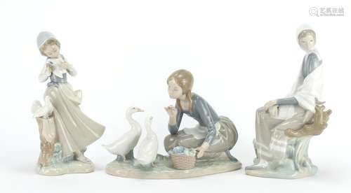 Three Lladro figurines with birds, the largest 25cm high : For Further Condition Reports and Live