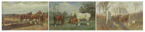 Thomas Ivester Lloyd - Work horses, three watercolour and gouaches, framed, each 49.5cm x 31cm : For