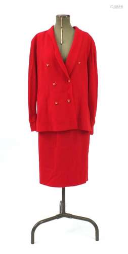 Valentino red wool two piece jacket and skirt suit, size 14 : For Further Condition Reports and Live