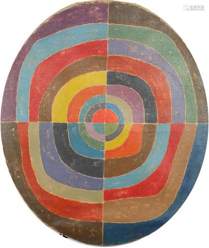 Abstract composition, oval oil on canvas, bearing a signature Delulauney, unframed, 65cm x 56cm :