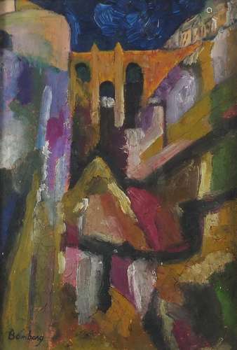 Abstract composition, stylised landscape, oil on board, bearing a signature Bomberg and London