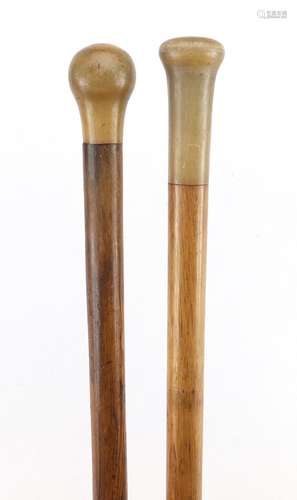 Two walking sticks with horn pommels, possibly rhinoceros horn, 89cm in length : For Further