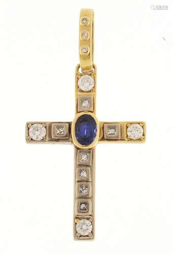 18ct gold diamond and blue stone cross pendant, 6cm in length, approximate weight 15.5g : For